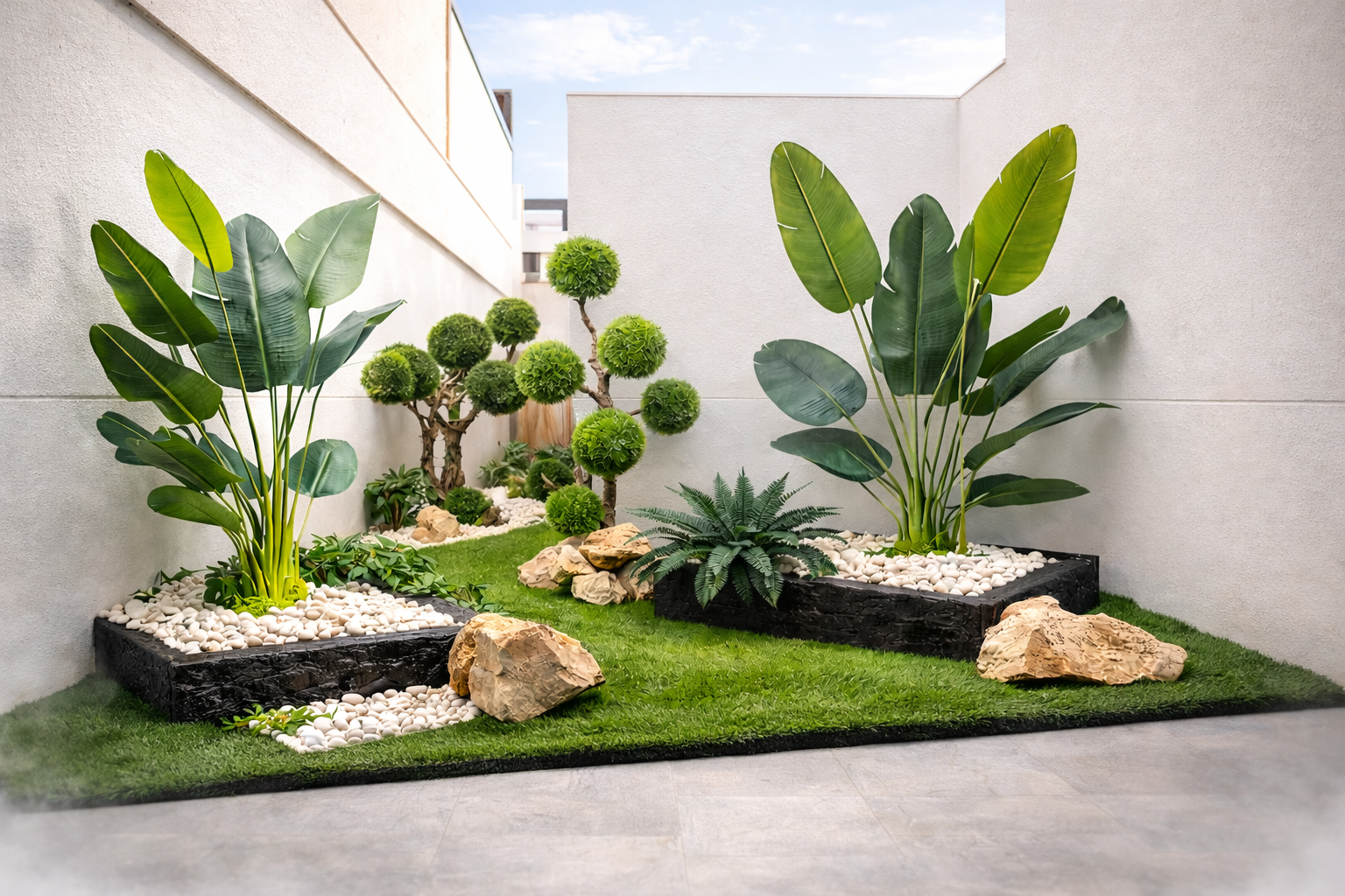 Patio exterior con jardinería artificial