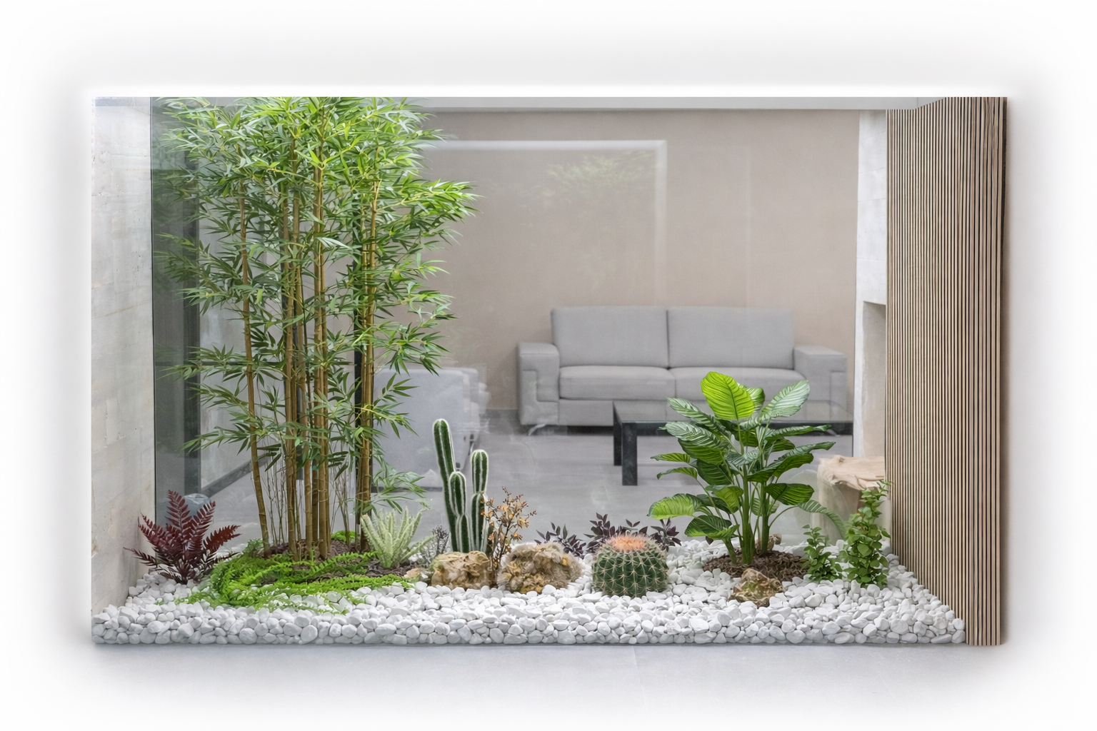 Jardinería artificial de interior con bambú